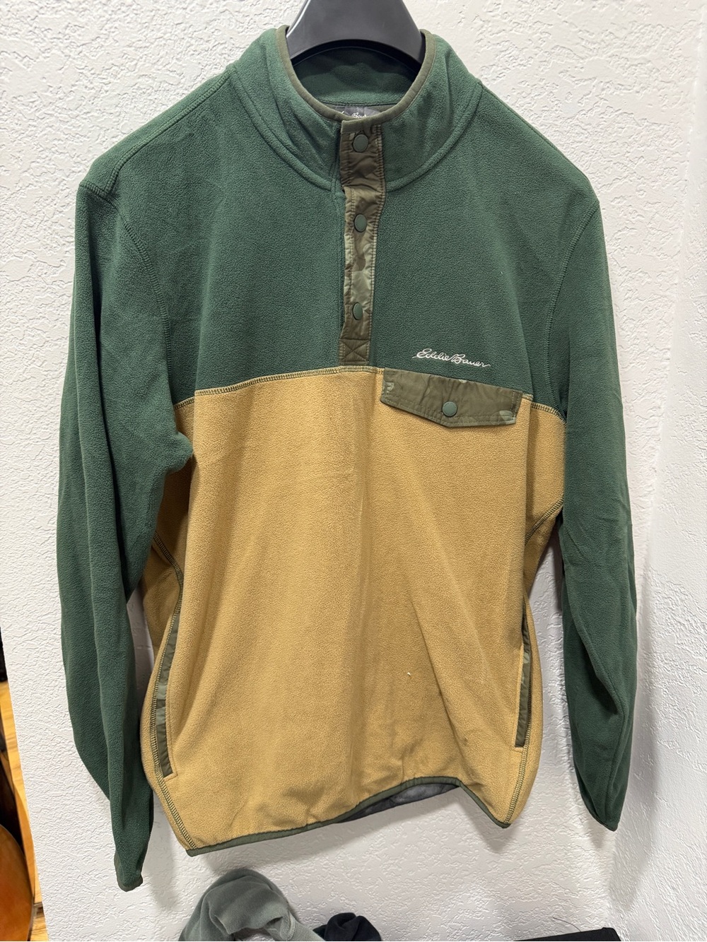 Eddie Bauer Green and Tan Snap-Fronter Fleece Pullover